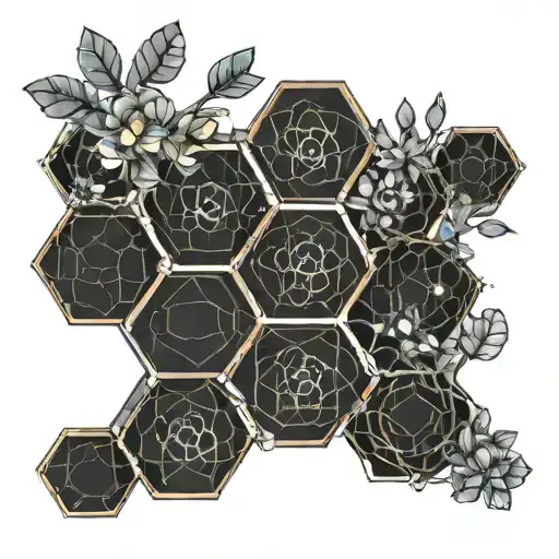 serotonin molecule symbolizing honeycomb with branches and flowers tattoo design idea