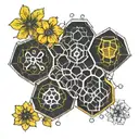 serotonin molecule symbolizing honeycomb with branches and flowers tattoo design idea