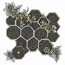 serotonin molecule symbolizing honeycomb with branches and flowers tattoo design idea