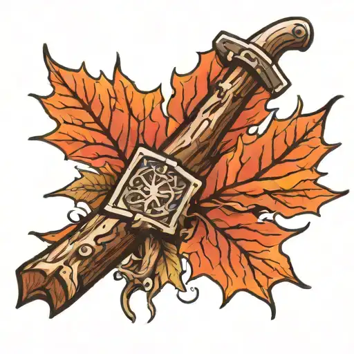 maple leaf, axe stuck in log tattoo design idea
