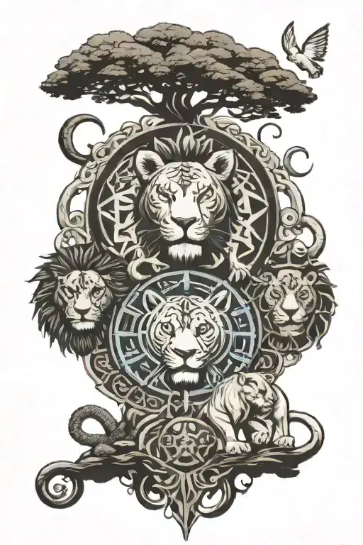 two lion cubs, pharaoh, tree of life, angel numbers, street fighter, energy, sun, moon, elements, adinkra, Africa, octo tattoo design idea