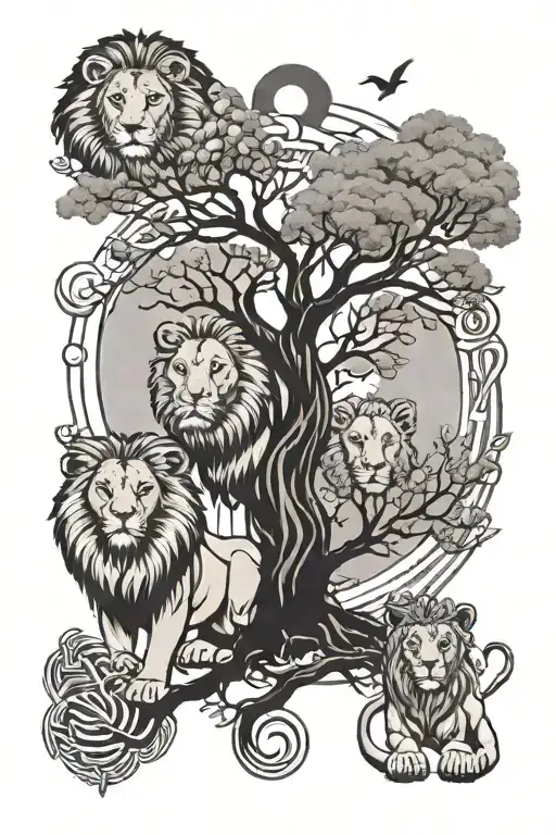 lion cubs, pharaoh, tree of life, angel numbers, anime, energy, sun, moon, elements, adinkra, Africa, 444, yin yang tattoo design idea