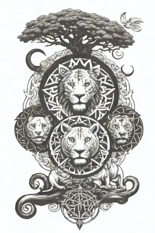 lion cubs, pharaoh, tree of life, angel numbers, anime, energy, sun, moon, elements, adinkra, Africa, 444, yin yang tattoo design idea