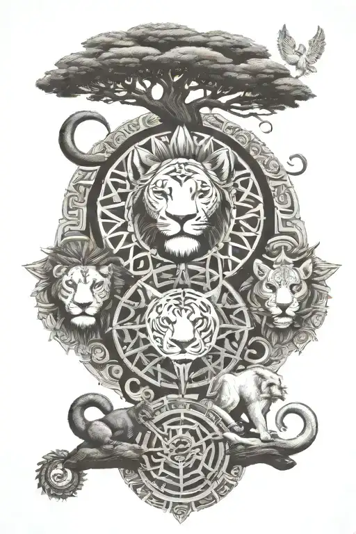 two lion cubs, pharaoh, tree of life, angel numbers, street fighter, energy, sun, moon, elements, adinkra, Africa, octo tattoo design idea