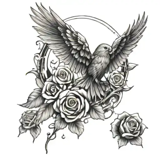 Roman numerals surrounded by roses birds and wings tattoo design idea