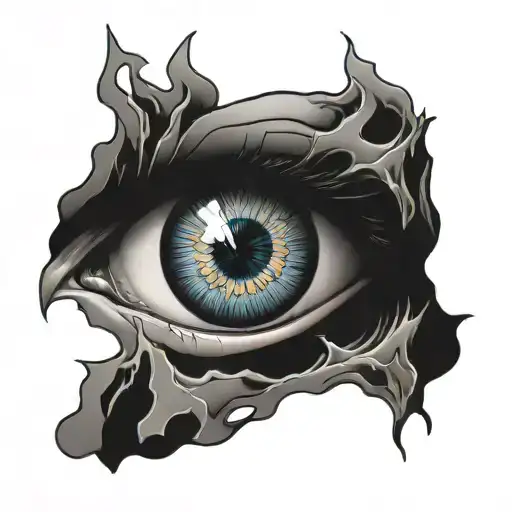 realistic eye with a war background inside the eye tattoo design idea