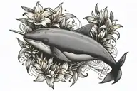 narwhal, tulips, and lilies tattoo design idea