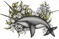 narwhal, tulips, and lilies tattoo design idea