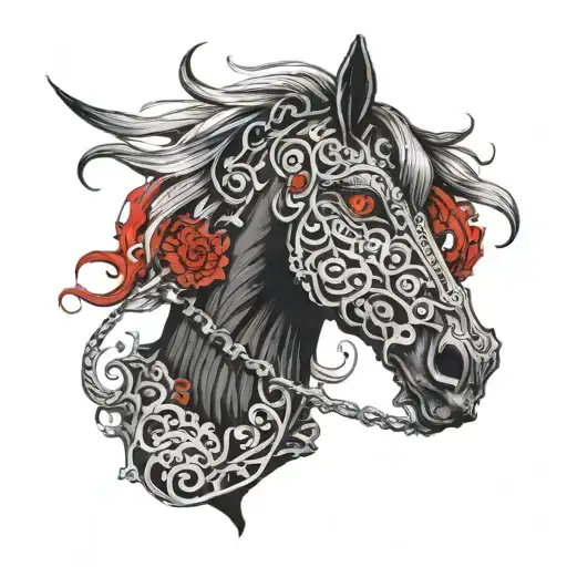 a black hobby horse with red eyes, crazy main and a intrinsicly designed handle  tattoo design idea