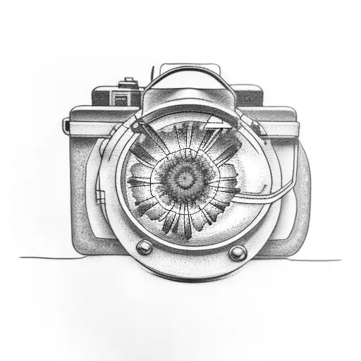 A dotwork tattoo of a camera with a blue flower growing out of the lens, symbolizing the beauty captured through photography tattoo design idea