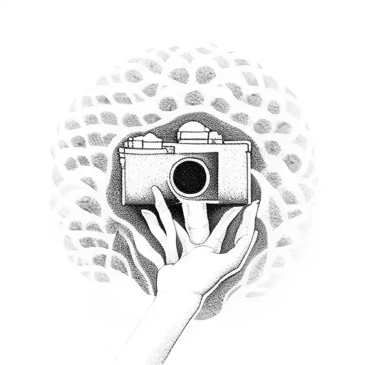 A minimalistic silhouette of a mother holding a camera, with her child's hand reaching out to touch a flower tattoo design idea