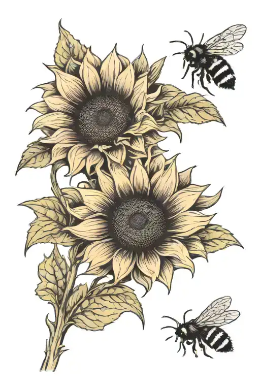 three black sunflowers with a tiny bee perched tattoo design idea