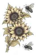 three black sunflowers with a tiny bee perched tattoo design idea