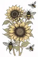 three black sunflowers with a tiny bee perched tattoo design idea