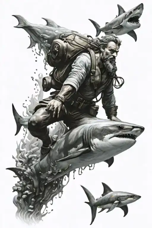 underwater poseidon statue and shark swimming and diver with flashlight tattoo design idea