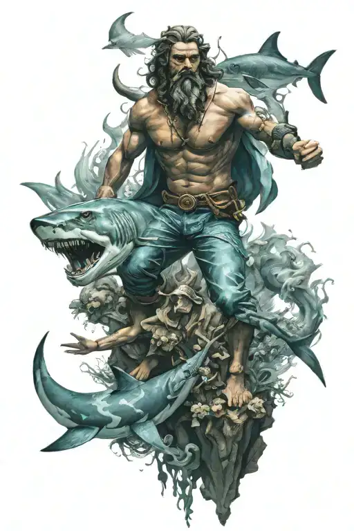 underwater poseidon statue with shark swimming and diver with flashlight tattoo design idea