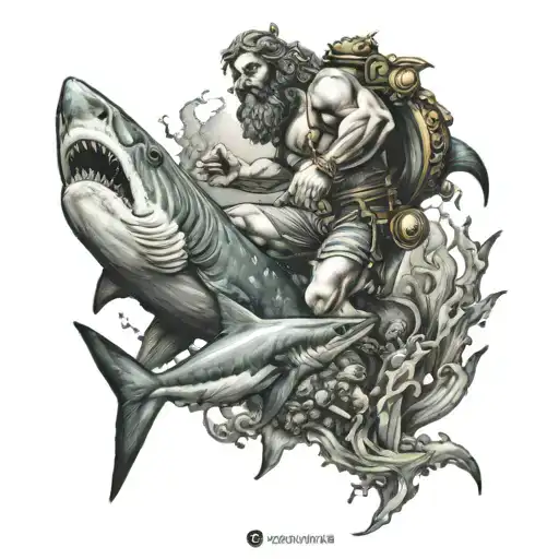 underwater poseidon statue and shark swimming and diver with flashlight tattoo design idea