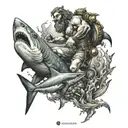 underwater poseidon statue and shark swimming and diver with flashlight tattoo design idea