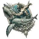 underwater poseidon statue and shark swimming and diver with flashlight tattoo design idea