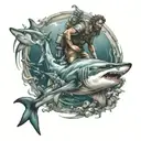 underwater poseidon statue and shark swimming and diver with flashlight tattoo design idea