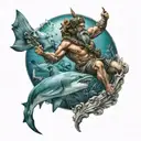 underwater poseidon statue and shark swimming and diver with flashlight tattoo design idea