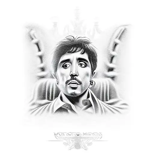 Tony Montana sitting on the table with cocaine writing see no evil, hear no evil, speak no evil tattoo design idea