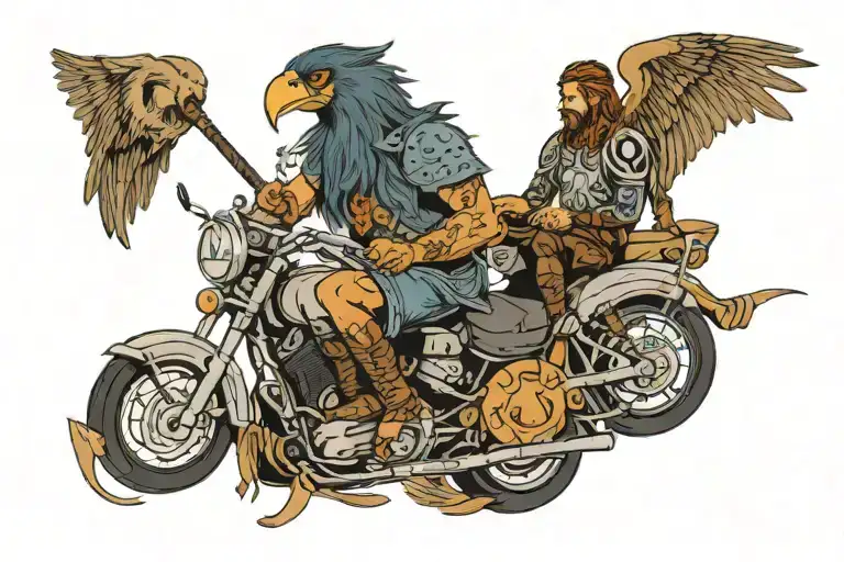A fusion of greek and norse mythology featuring a harpy playing a lyre with a Valkyrie riding a motorcycle in the background tattoo design idea