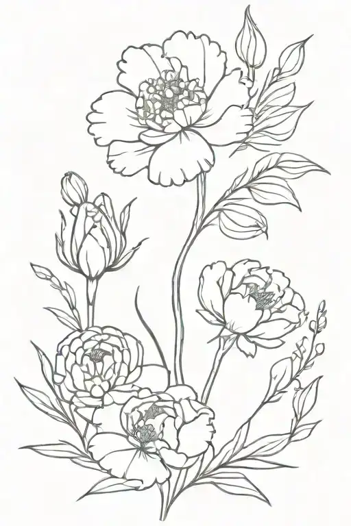 carnation and snowdrop, violet and iris, rose and honeysuckle, peony and chrysanthemum flower bouquet  tattoo design idea