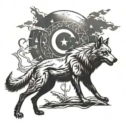 turkish flag and wolf howling at the moon tattoo design idea