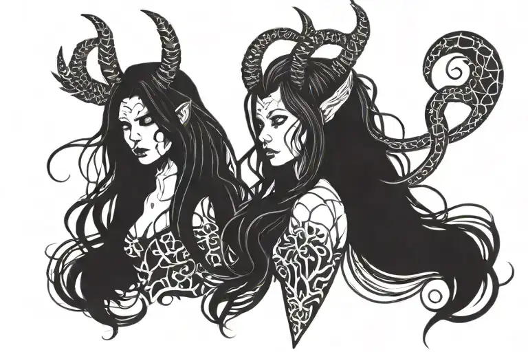 demon female with long hair and horns, minimalist tattoo tattoo design idea