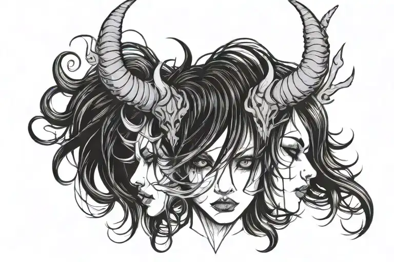 face demon female with long hair and horns, minimalist tattoo tattoo design idea