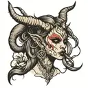 demon female with long hair and horns tattoo design idea