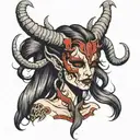 demon female with long hair and horns tattoo design idea
