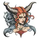 demon female with long hair and horns tattoo design idea