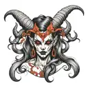 demon female with long hair and horns tattoo design idea