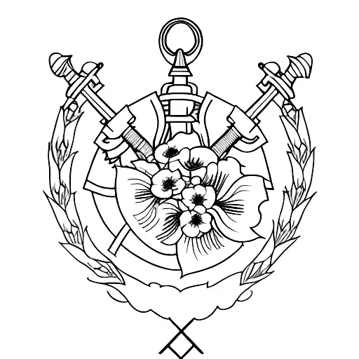 A minimalist tattoo of crossed swords with a wreath of flowers, symbolizing the client's strength and resilience as a military professional, while also showcasing their appreciation for the beauty of nature. tattoo design idea