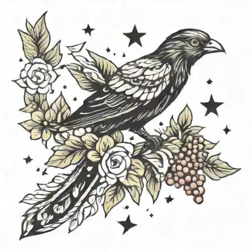 per aspera ad astra. bush, bird, berry, feathers, stars, fare, hope.  tattoo design idea