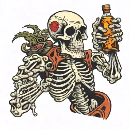 skeleton holding a bottle of fireball whiskey tattoo design idea