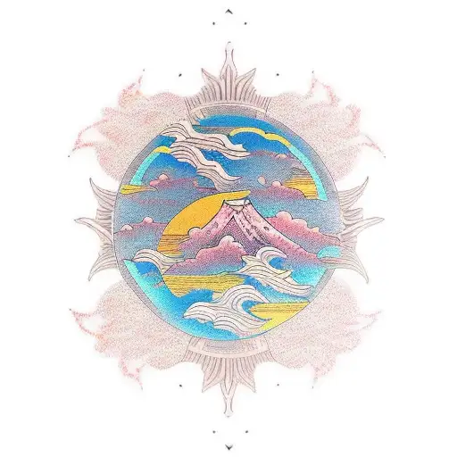 3D sunrise in distance tattoo design idea