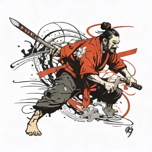 A traditional Japanese samurai warrior wielding a knife in one hand and practicing jiu-jitsu in the other tattoo design idea