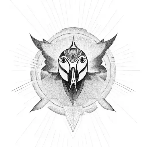 A blackwork tattoo of a Passaro (bird) surrounded by rays of light tattoo design idea