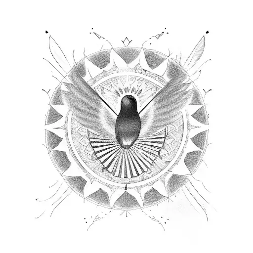 A blackwork tattoo of a Passaro (bird) surrounded by rays of light tattoo design idea