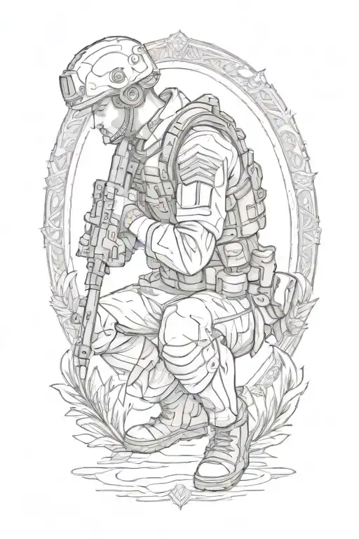 An intricate tattoo featuring a soldier kneeling in prayer, symbolizing dedication and faith in the midst of battle tattoo design idea