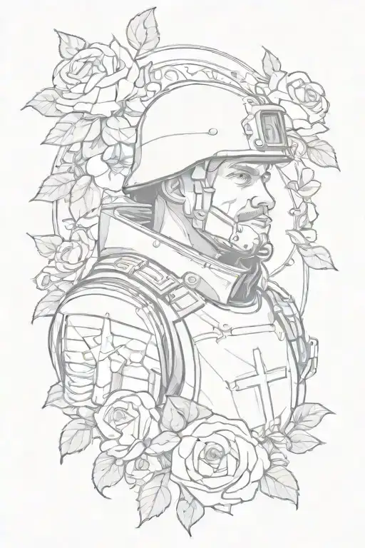 a collage of a Christian soldier surrounded by roses tattoo design idea