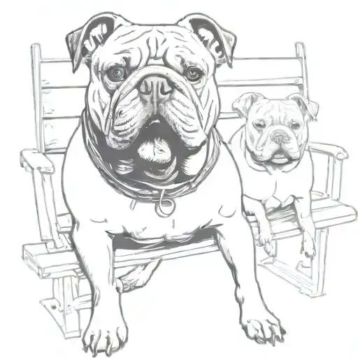 French bulldog English bulldog and pit Bull sitting on bench. funny, ignorant tattoo design idea