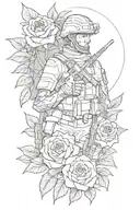 a collage of a Christian soldier intertwined by roses tattoo design idea