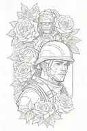 a collage of a Christian soldier surrounded by roses tattoo design idea