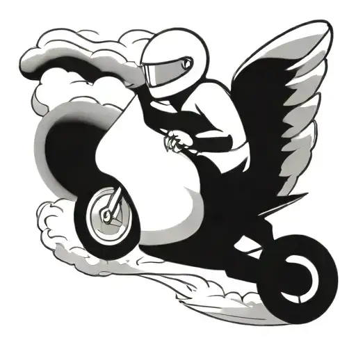 A dynamic composition of sport motorcycles racing through clouds with angel wings, symbolizing speed and protection tattoo design idea