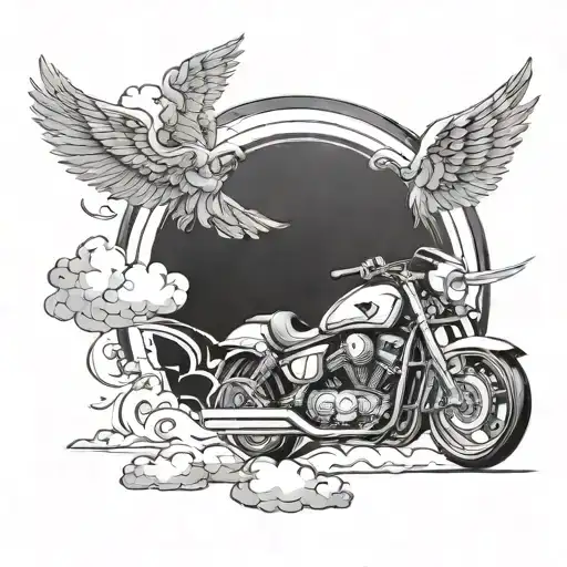A dynamic composition of sport motorcycles racing through clouds with angel wings, symbolizing speed and protection tattoo design idea