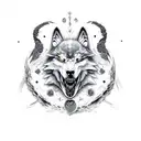 black and white howling wolf head with skull and black dhalia flowers on the base of it's neck and flying bats and crow  tattoo design idea